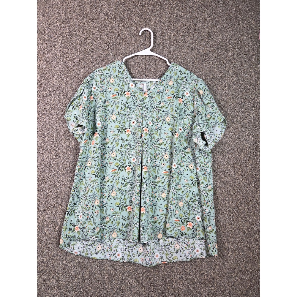 PopYoung‎ Blouse Womens 3XL Sage Green Floral V-Neck Short Sleeve Pleated Top